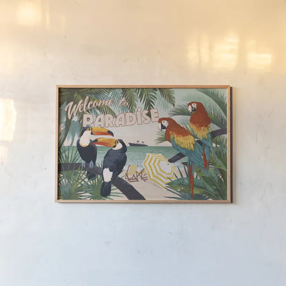 Welcome to Paradise I by Janelle Penner. shown as a paper print in a natural frame. Available as a archival giclee rolled canvas, fine art paper, or poster print. SKU 30404i.