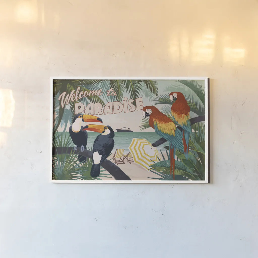 Welcome to Paradise I by Janelle Penner. shown as a paper print in a white frame. Available as a archival giclee rolled canvas, fine art paper, or poster print. SKU 30404i.