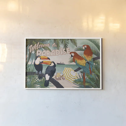 Welcome to Paradise I by Janelle Penner. shown as a paper print in a white frame. Available as a archival giclee rolled canvas, fine art paper, or poster print. SKU 30404i.