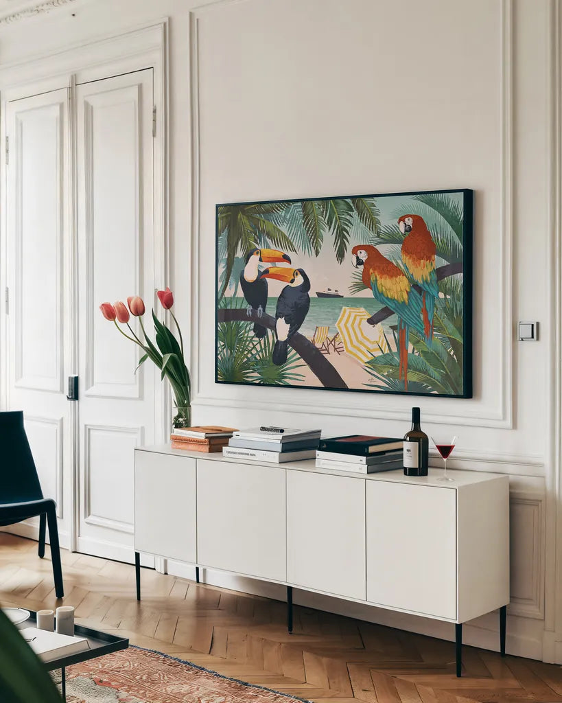 Welcome to Paradise VI by Janelle Penner. shown as a framed stretched canvas in a living room above a console. Available as a archival giclee rolled canvas, fine art paper, or poster print. SKU 30409i.
