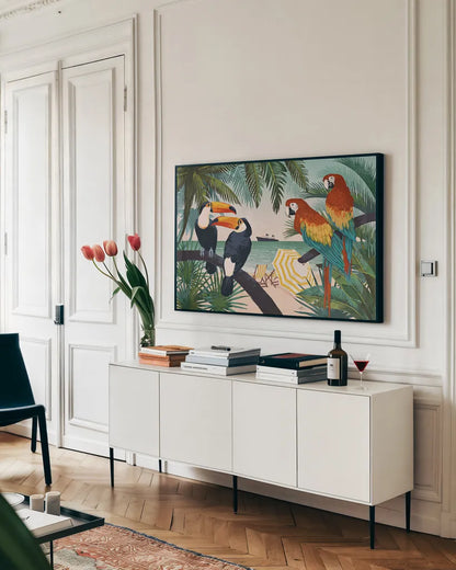 Welcome to Paradise VI by Janelle Penner. shown as a framed stretched canvas in a living room above a console. Available as a archival giclee rolled canvas, fine art paper, or poster print. SKU 30409i.