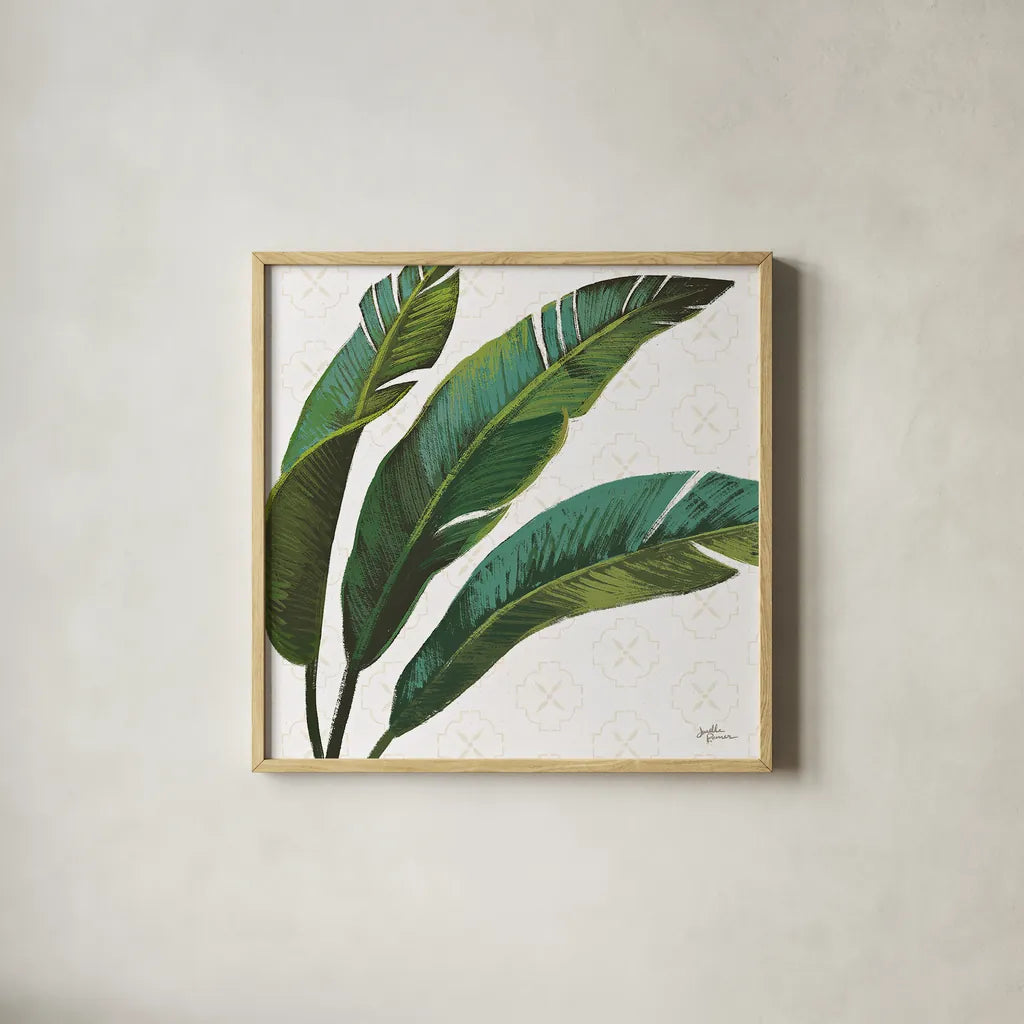 Welcome to Paradise XI by Janelle Penner. Shown in a natural wood glass frame for a timeless modern aesthetic. Available as an archival giclee rolled canvas, fine art paper, or poster print. SKU 30414a.