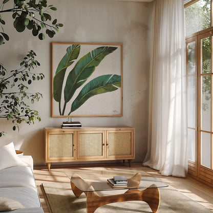 Welcome to Paradise XI by Janelle Penner. Shown in a natural wood frame in a cozy modern living room. Available as an archival giclee rolled canvas, fine art paper, or poster print. SKU 30414a.