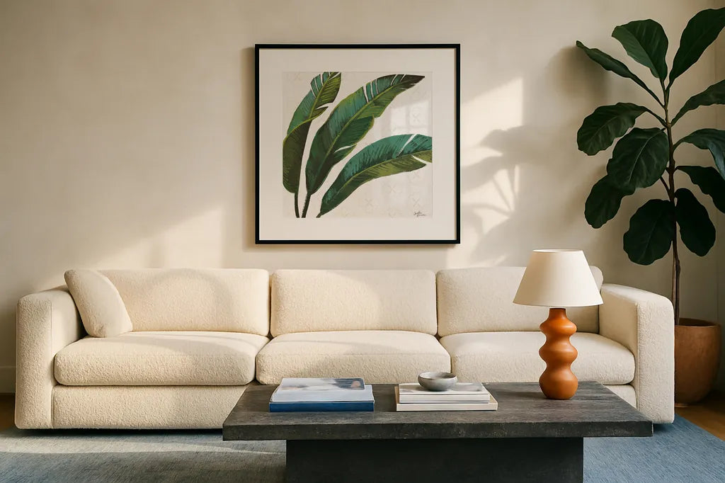 Welcome to Paradise XI by Janelle Penner. Displayed in a glass frame with matte in a clean modern living room. Available as an archival giclee rolled canvas, fine art paper, or poster print. SKU 30414a.