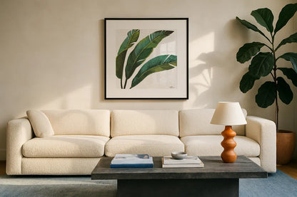 Welcome to Paradise XI by Janelle Penner. Displayed in a glass frame with matte in a clean modern living room. Available as an archival giclee rolled canvas, fine art paper, or poster print. SKU 30414a.