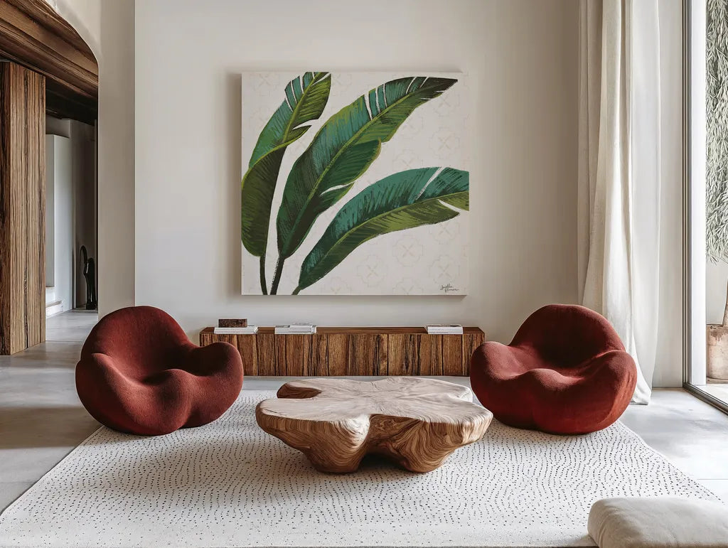 Welcome to Paradise XI by Janelle Penner. Shown as extra-large giant wall art in a modern living room. Available as an archival giclee rolled canvas, fine art paper, or poster print. SKU 30414a.