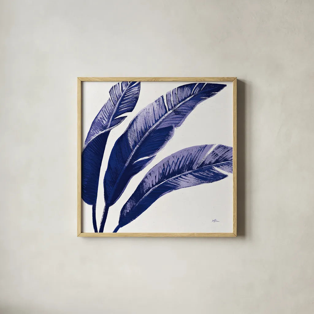 Welcome to Paradise XI Indigo by Janelle Penner. Shown in a natural wood glass frame for a timeless modern aesthetic. Available as an archival giclee rolled canvas, fine art paper, or poster print. SKU 34077a.