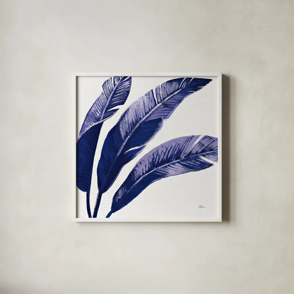 Welcome to Paradise XI Indigo by Janelle Penner. Shown in a crisp white glass frame for a clean and minimalist style. Available as an archival giclee rolled canvas, fine art paper, or poster print. SKU 34077a.