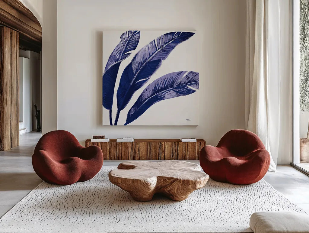 Welcome to Paradise XI Indigo by Janelle Penner. Shown as extra-large giant wall art in a modern living room. Available as an archival giclee rolled canvas, fine art paper, or poster print. SKU 34077a.