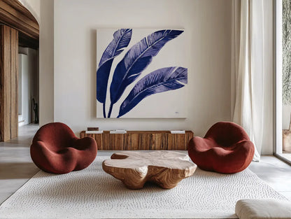 Welcome to Paradise XI Indigo by Janelle Penner. Shown as extra-large giant wall art in a modern living room. Available as an archival giclee rolled canvas, fine art paper, or poster print. SKU 34077a.