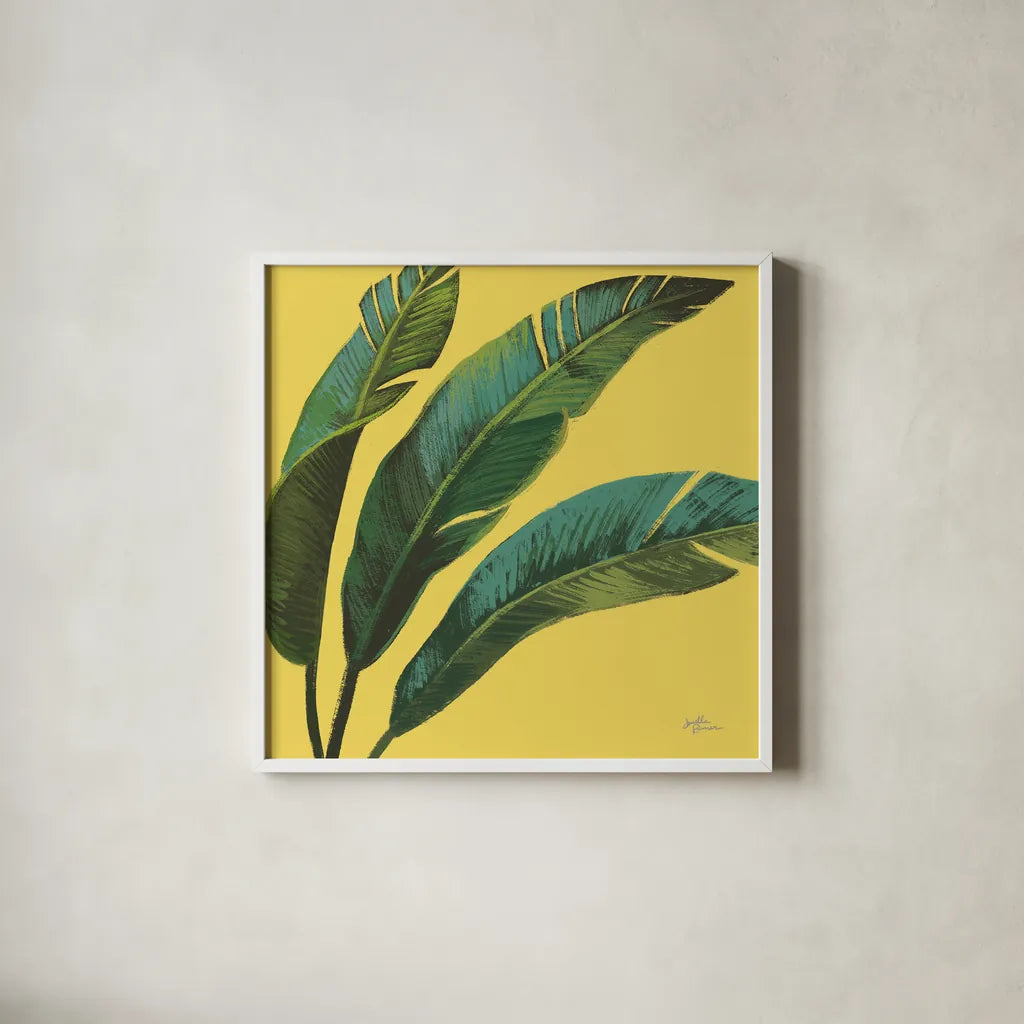 Welcome to Paradise XI Yellow by Janelle Penner. Shown in a crisp white glass frame for a clean and minimalist style. Available as an archival giclee rolled canvas, fine art paper, or poster print. SKU 55553a.