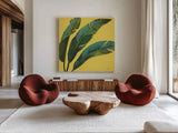 Welcome to Paradise XI Yellow by Janelle Penner. Shown as extra-large giant wall art in a modern living room. Available as an archival giclee rolled canvas, fine art paper, or poster print. SKU 55553a.