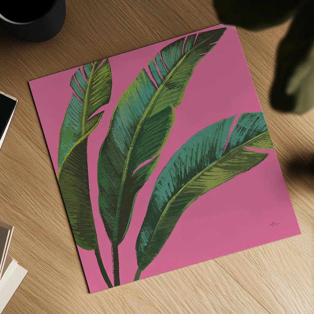 Welcome to Paradise XI on Pink by Janelle Penner. Shown as a detailed flat fine art print, highlighting archival giclee quality. Available as an archival giclee rolled canvas, fine art paper, or poster print. SKU 33298a.