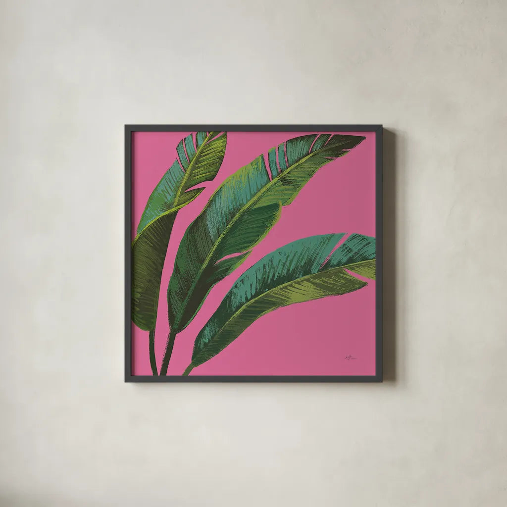 Welcome to Paradise XI on Pink by Janelle Penner. Shown in a sleek black glass frame for a contemporary gallery look. Available as an archival giclee rolled canvas, fine art paper, or poster print. SKU 33298a.