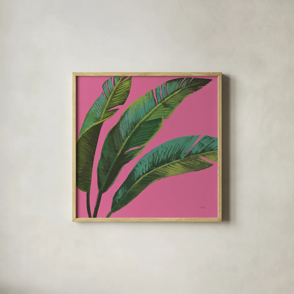 Welcome to Paradise XI on Pink by Janelle Penner. Shown in a natural wood glass frame for a timeless modern aesthetic. Available as an archival giclee rolled canvas, fine art paper, or poster print. SKU 33298a.