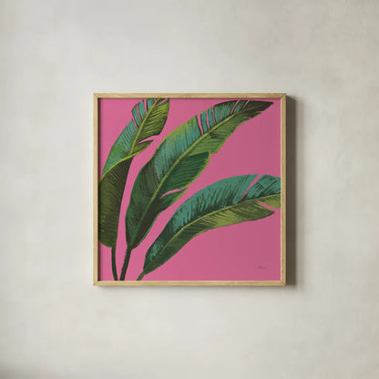 Welcome to Paradise XI on Pink by Janelle Penner. Shown in a natural wood glass frame for a timeless modern aesthetic. Available as an archival giclee rolled canvas, fine art paper, or poster print. SKU 33298a.