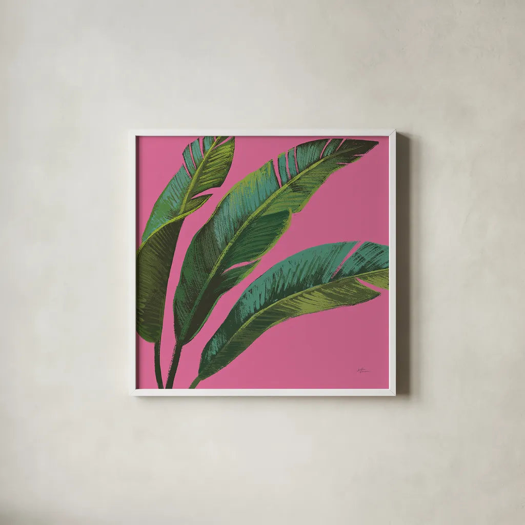 Welcome to Paradise XI on Pink by Janelle Penner. Shown in a crisp white glass frame for a clean and minimalist style. Available as an archival giclee rolled canvas, fine art paper, or poster print. SKU 33298a.