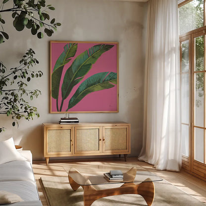 Welcome to Paradise XI on Pink by Janelle Penner. Shown in a natural wood frame in a cozy modern living room. Available as an archival giclee rolled canvas, fine art paper, or poster print. SKU 33298a.