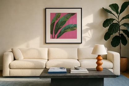 Welcome to Paradise XI on Pink by Janelle Penner. Displayed in a glass frame with matte in a clean modern living room. Available as an archival giclee rolled canvas, fine art paper, or poster print. SKU 33298a.