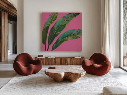 Welcome to Paradise XI on Pink by Janelle Penner. Shown as extra-large giant wall art in a modern living room. Available as an archival giclee rolled canvas, fine art paper, or poster print. SKU 33298a.