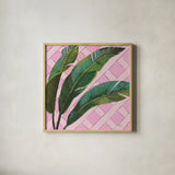 Welcome to Paradise XI on Pink by Janelle Penner. Shown in a natural wood glass frame for a timeless modern aesthetic. Available as an archival giclee rolled canvas, fine art paper, or poster print. SKU 55311a.