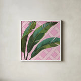 Welcome to Paradise XI on Pink by Janelle Penner. Shown in a crisp white glass frame for a clean and minimalist style. Available as an archival giclee rolled canvas, fine art paper, or poster print. SKU 55311a.