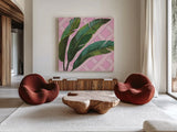 Welcome to Paradise XI on Pink by Janelle Penner. Shown as extra-large giant wall art in a modern living room. Available as an archival giclee rolled canvas, fine art paper, or poster print. SKU 55311a.
