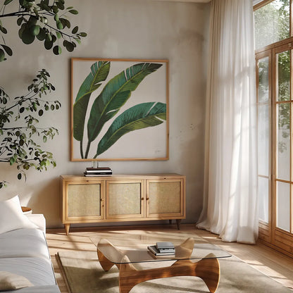 Welcome to Paradise XI on White by Janelle Penner. Shown in a natural wood frame in a cozy modern living room. Available as an archival giclee rolled canvas, fine art paper, or poster print. SKU 31551a.