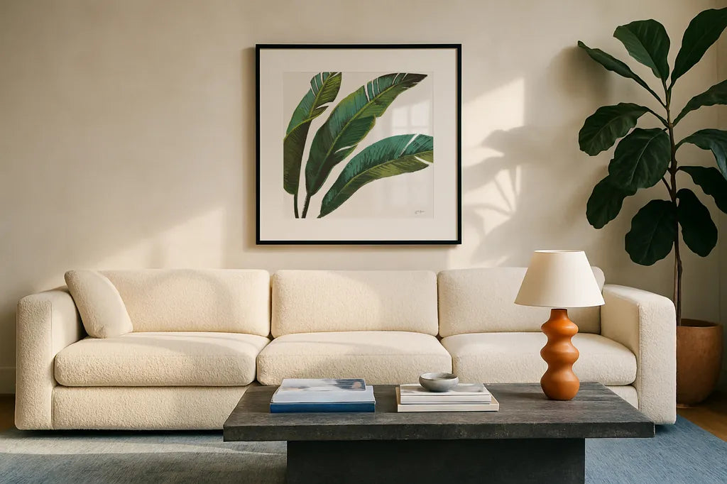 Welcome to Paradise XI on White by Janelle Penner. Displayed in a glass frame with matte in a clean modern living room. Available as an archival giclee rolled canvas, fine art paper, or poster print. SKU 31551a.