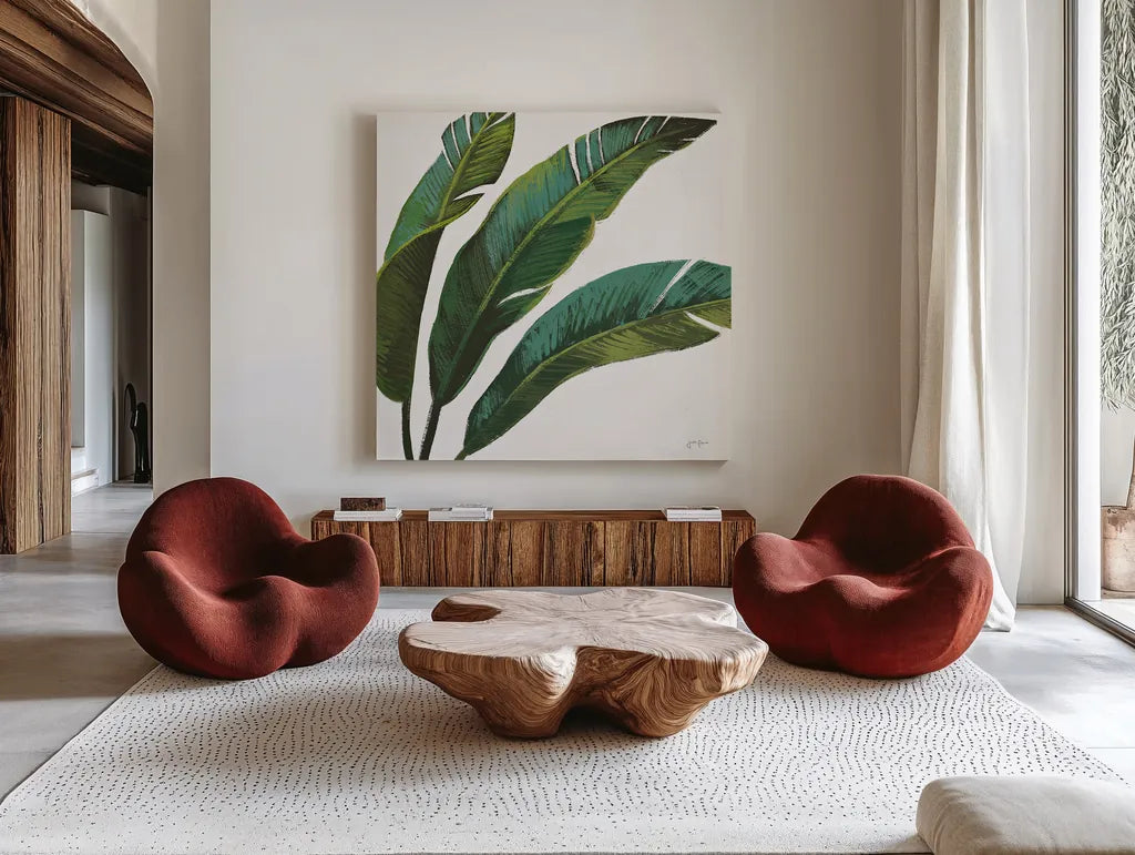 Welcome to Paradise XI on White by Janelle Penner. Shown as extra-large giant wall art in a modern living room. Available as an archival giclee rolled canvas, fine art paper, or poster print. SKU 31551a.