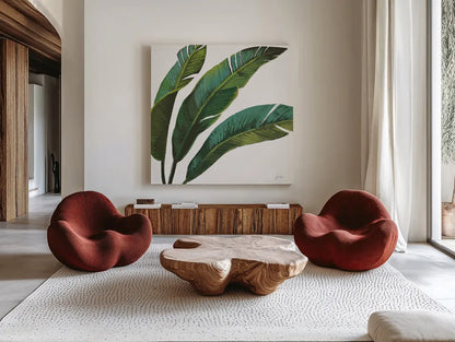 Welcome to Paradise XI on White by Janelle Penner. Shown as extra-large giant wall art in a modern living room. Available as an archival giclee rolled canvas, fine art paper, or poster print. SKU 31551a.