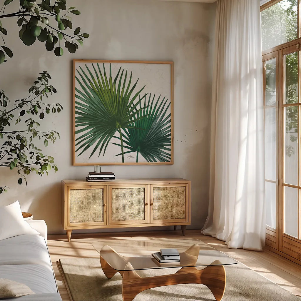 Welcome to Paradise XII by Janelle Penner. Shown in a natural wood frame in a cozy modern living room. Available as an archival giclee rolled canvas, fine art paper, or poster print. SKU 30415a.