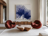 Welcome to Paradise XII Indigo by Janelle Penner. Shown as extra-large giant wall art in a modern living room. Available as an archival giclee rolled canvas, fine art paper, or poster print. SKU 34078a.