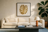 Welcome to Paradise XIII Gold by Janelle Penner. Displayed in a glass frame with matte in a clean modern living room. Available as an archival giclee rolled canvas, fine art paper, or poster print. SKU 55647a.