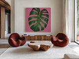 Welcome to Paradise XIII on Pink by Janelle Penner. Shown as extra-large giant wall art in a modern living room. Available as an archival giclee rolled canvas, fine art paper, or poster print. SKU 33299a.