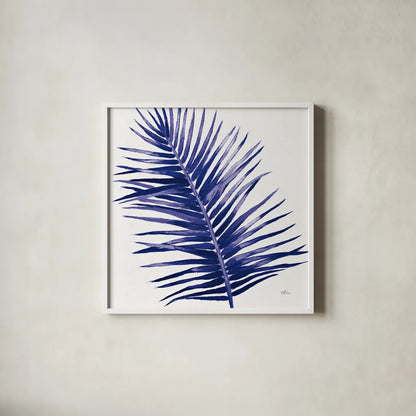Welcome to Paradise XIV Indigo by Janelle Penner. Shown in a crisp white glass frame for a clean and minimalist style. Available as an archival giclee rolled canvas, fine art paper, or poster print. SKU 34080a.