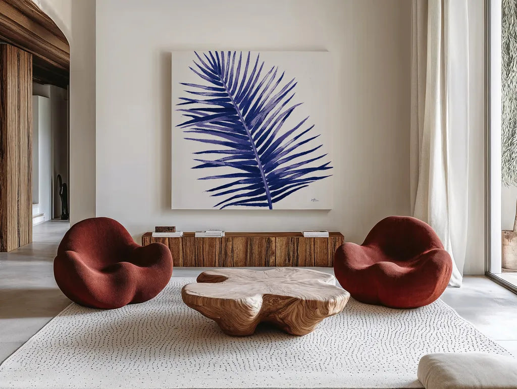 Welcome to Paradise XIV Indigo by Janelle Penner. Shown as extra-large giant wall art in a modern living room. Available as an archival giclee rolled canvas, fine art paper, or poster print. SKU 34080a.