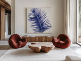 Welcome to Paradise XIV Indigo by Janelle Penner. Shown as extra-large giant wall art in a modern living room. Available as an archival giclee rolled canvas, fine art paper, or poster print. SKU 34080a.