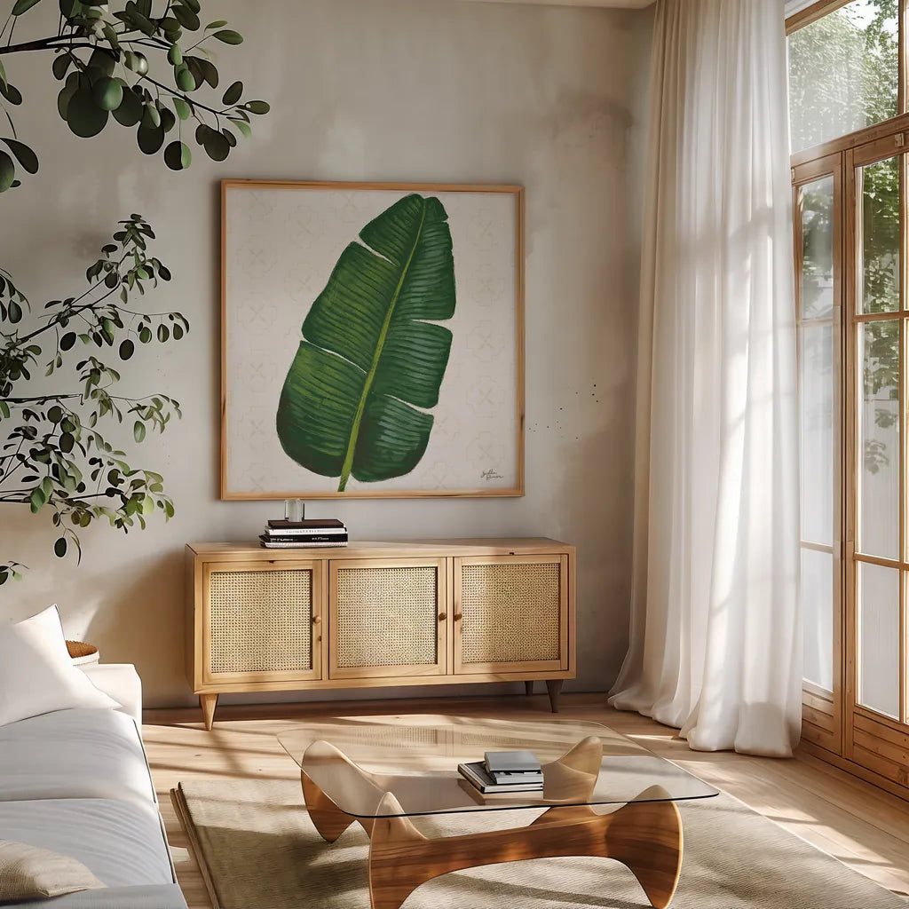 Welcome to Paradise XV by Janelle Penner. Shown in a natural wood frame in a cozy modern living room. Available as an archival giclee rolled canvas, fine art paper, or poster print. SKU 30418a.