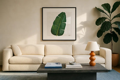 Welcome to Paradise XV by Janelle Penner. Displayed in a glass frame with matte in a clean modern living room. Available as an archival giclee rolled canvas, fine art paper, or poster print. SKU 30418a.