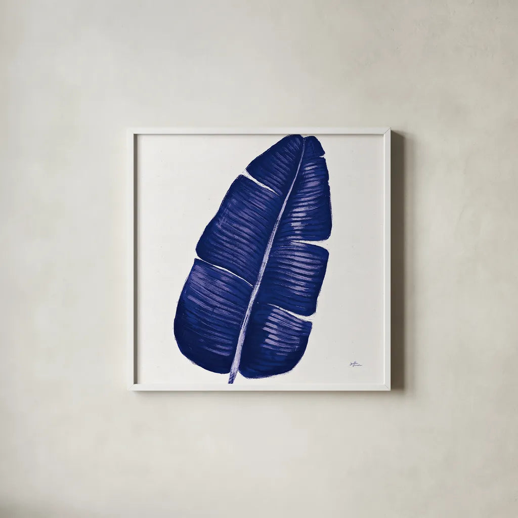 Welcome to Paradise XV Indigo by Janelle Penner. Shown in a crisp white glass frame for a clean and minimalist style. Available as an archival giclee rolled canvas, fine art paper, or poster print. SKU 34081a.