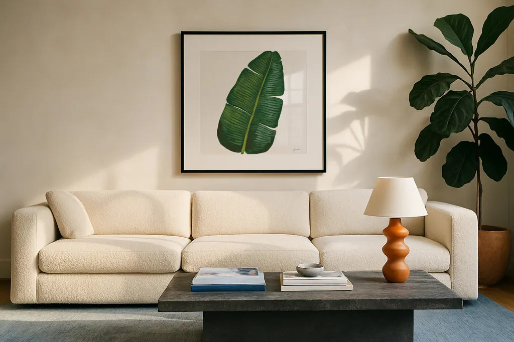 Welcome to Paradise XV on White by Janelle Penner. Displayed in a glass frame with matte in a clean modern living room. Available as an archival giclee rolled canvas, fine art paper, or poster print. SKU 31553a.