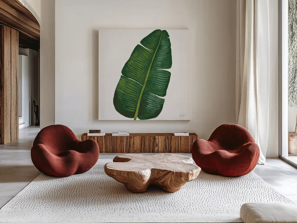 Welcome to Paradise XV on White by Janelle Penner. Shown as extra-large giant wall art in a modern living room. Available as an archival giclee rolled canvas, fine art paper, or poster print. SKU 31553a.