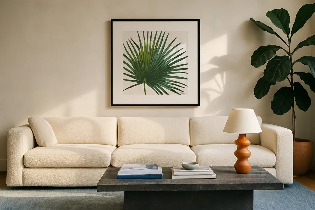 Welcome to Paradise XVI by Janelle Penner. Displayed in a glass frame with matte in a clean modern living room. Available as an archival giclee rolled canvas, fine art paper, or poster print. SKU 30419a.