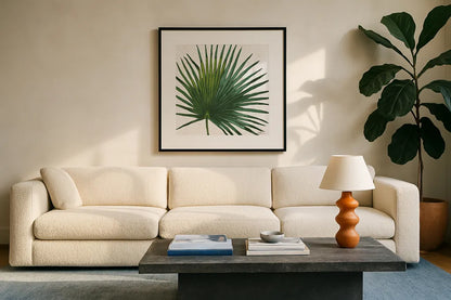 Welcome to Paradise XVI by Janelle Penner. Displayed in a glass frame with matte in a clean modern living room. Available as an archival giclee rolled canvas, fine art paper, or poster print. SKU 30419a.
