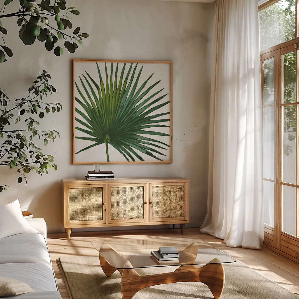 Welcome to Paradise XVI on White by Janelle Penner. Shown in a natural wood frame in a cozy modern living room. Available as an archival giclee rolled canvas, fine art paper, or poster print. SKU 31554a.