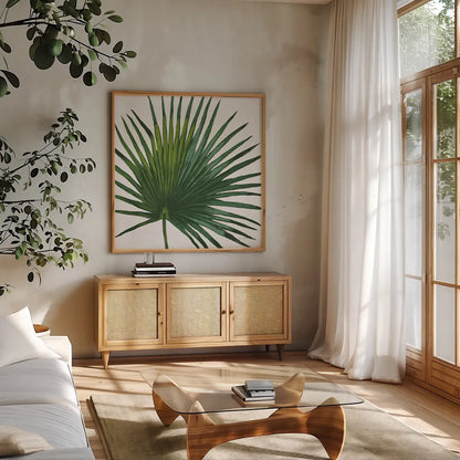 Welcome to Paradise XVI on White by Janelle Penner. Shown in a natural wood frame in a cozy modern living room. Available as an archival giclee rolled canvas, fine art paper, or poster print. SKU 31554a.