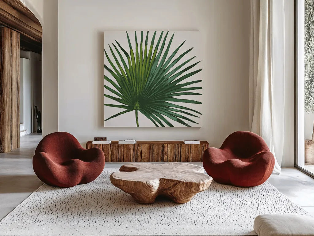 Welcome to Paradise XVI on White by Janelle Penner. Shown as extra-large giant wall art in a modern living room. Available as an archival giclee rolled canvas, fine art paper, or poster print. SKU 31554a.
