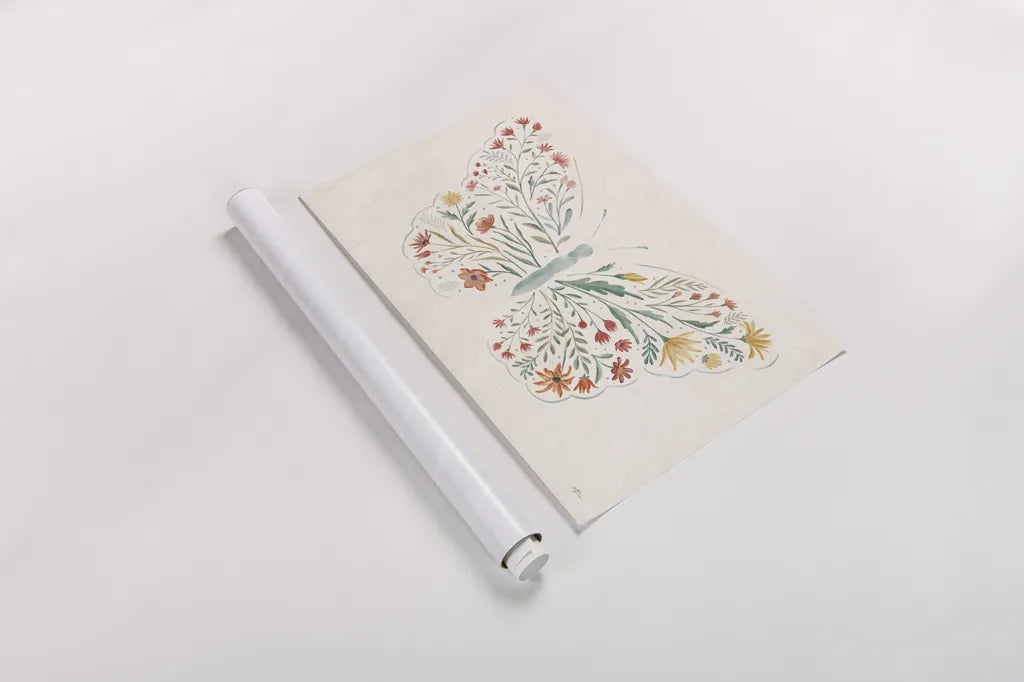Wildflower Vibes Butterfly by Janelle Penner. shown as a rolled paper print. Available as archival giclee rolled canvas, fine art paper, or poster print. SKU 75533i.