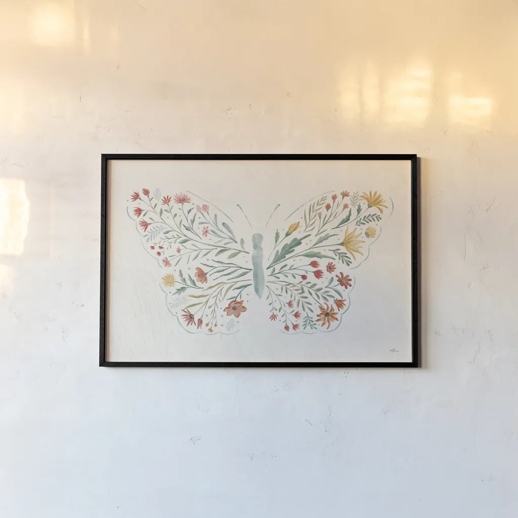 Wildflower Vibes Butterfly by Janelle Penner. shown as a paper print in a black flame. Available as a archival giclee rolled canvas, fine art paper, or poster print. SKU 75533i.